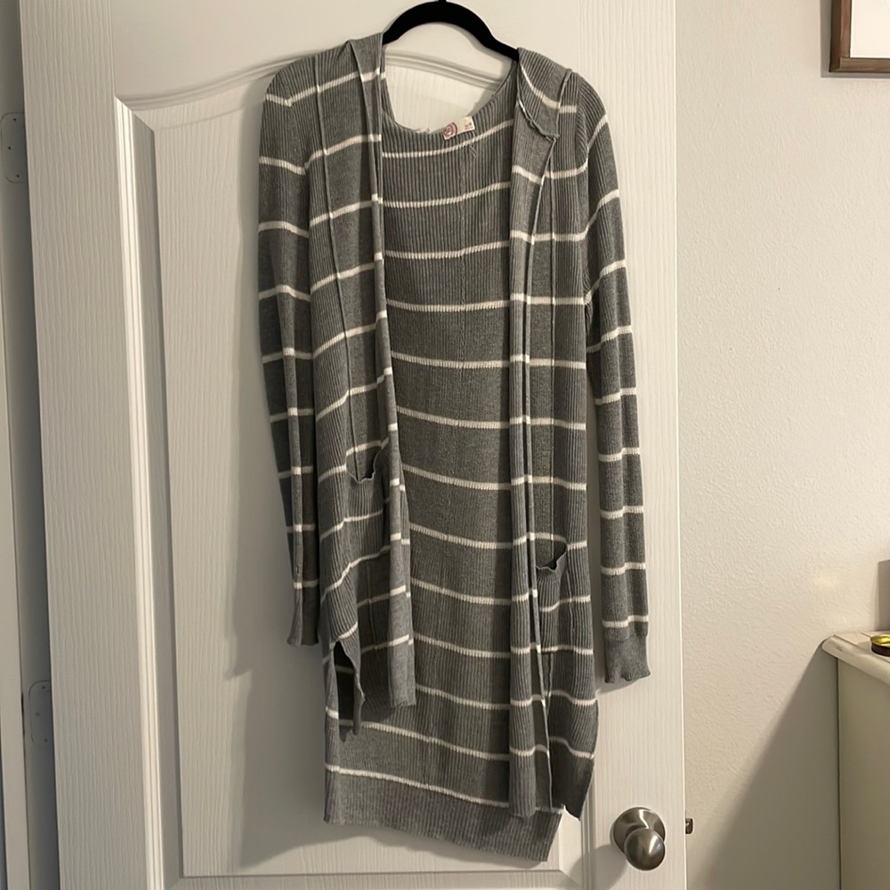 SO hooded striped duster cardigan